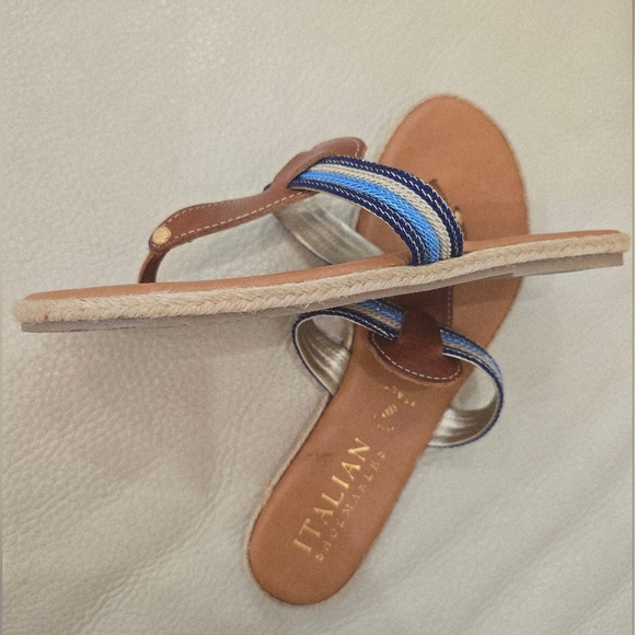 Italian Shoemakers Brown Blue Thong Sandals Leather Flats Size 8 - Picture 3 of 5